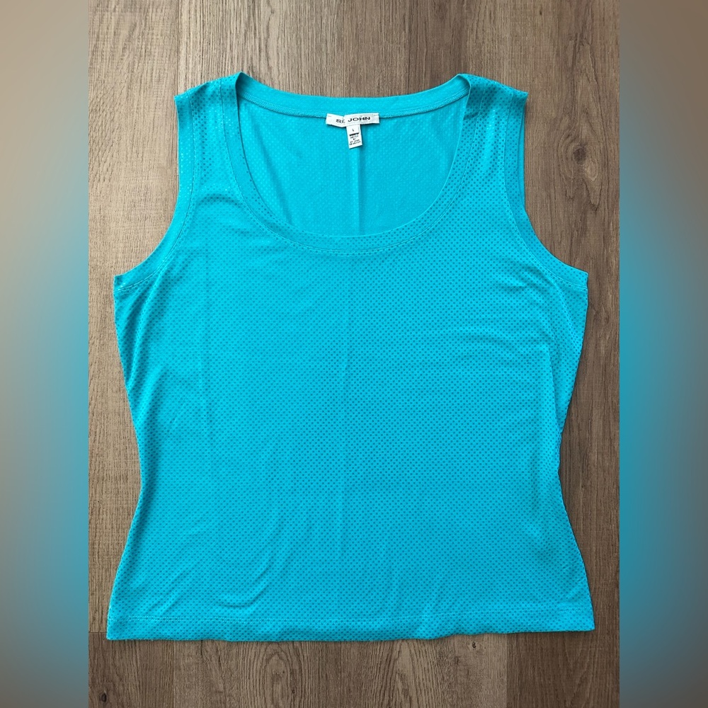 St. John Aqua Teal Blue Shiny Check Tank Blouse Large